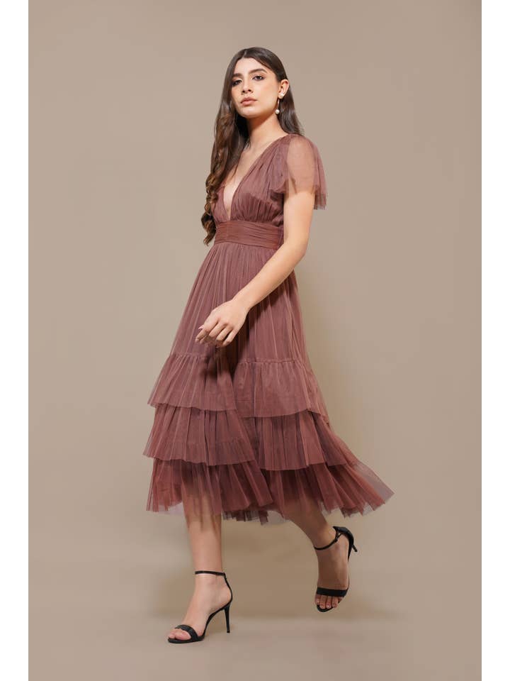 Madison Rose Brown Tulle Bridesmaid Midi Dress for wholesale on Faire3