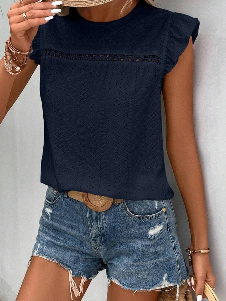 NINEXIS - Wholesale Blouse - Women's - CWTBLS0605_ ROUND NECK LACE RUFFLE SHORT SLEEVE BLOUSE TOP7