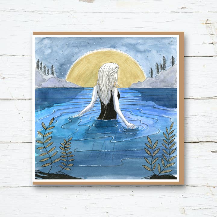 Wild Moon Swim Greetings Card for wholesale by Cornwall Studios