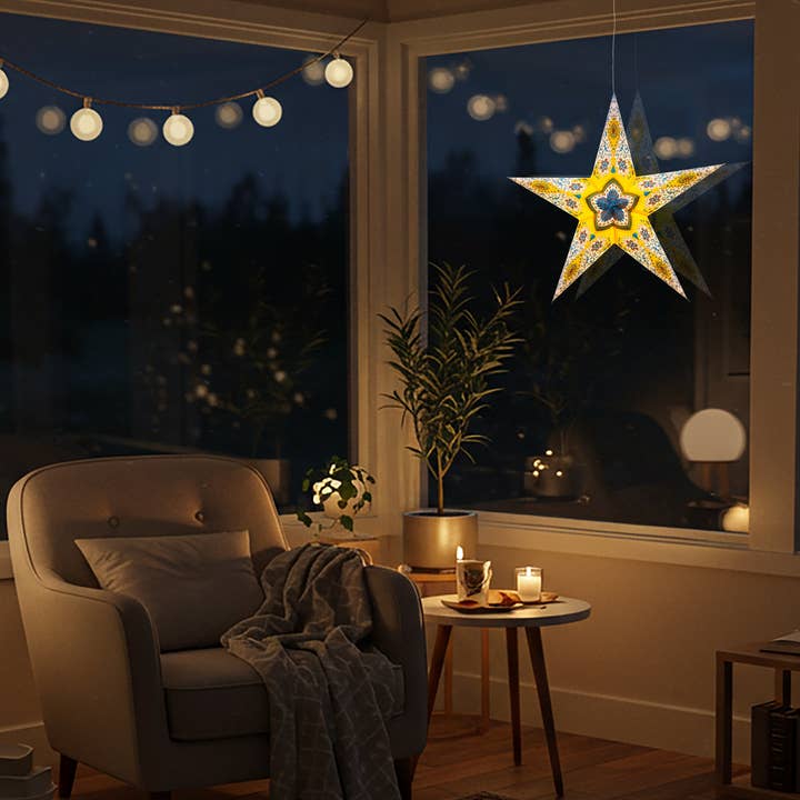 Artschatz LLC - Venta al por mayor Lámpara/farol de papel - Provence ~ 5 puntero, 61 cm, papel amarillo, luz de estrella