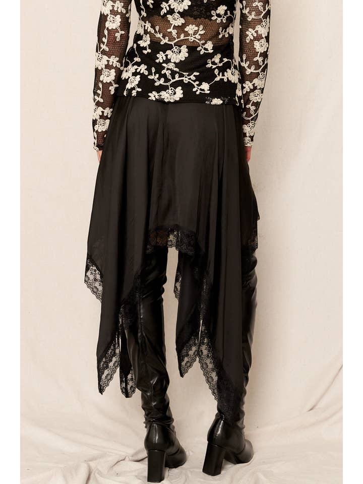 Black Uneven Hem Lace Trim Midi Skirt for wholesale on Faire