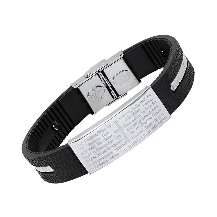 Steeltime NYC - Wholesale Bangle Bracelet - Black Rubber And Stainless Steel Our Father Prayer Ridged Bracelet1