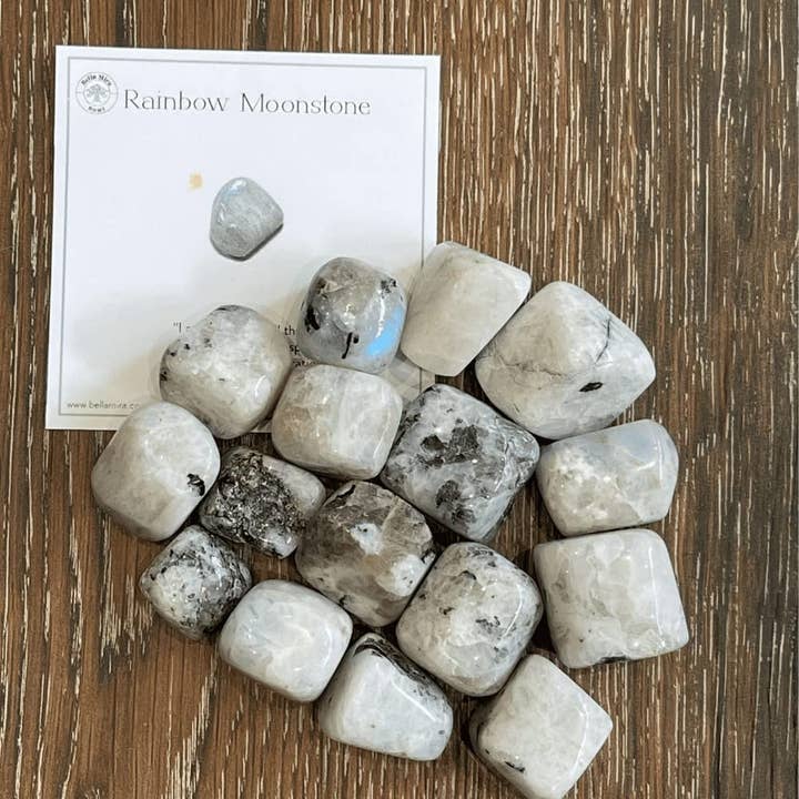 Rainbow Moonstone Tumbled Crystals 100gms With Info Cards for wholesale by BellaMira Home