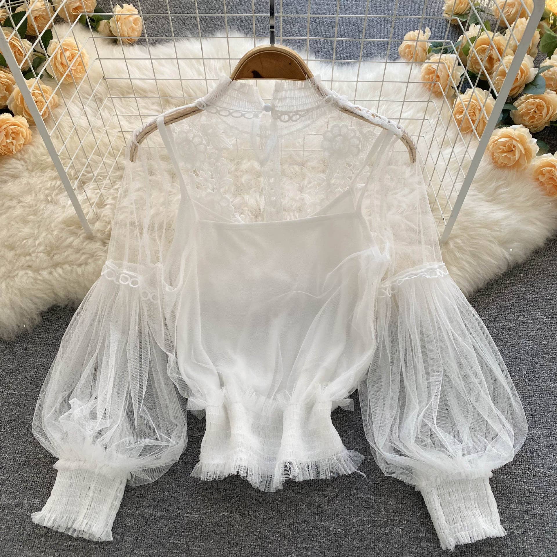 Rosa Clothing - Wholesale Blouse - Women's - Vintage Sheer Balloon Sleeve Floral Mesh 2 Pcs Top 9 Colors9