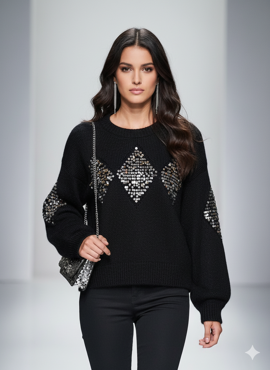 Black Sequin Knit Sweater Diamond Pattern Embellished Pullover for wholesale on Faire1