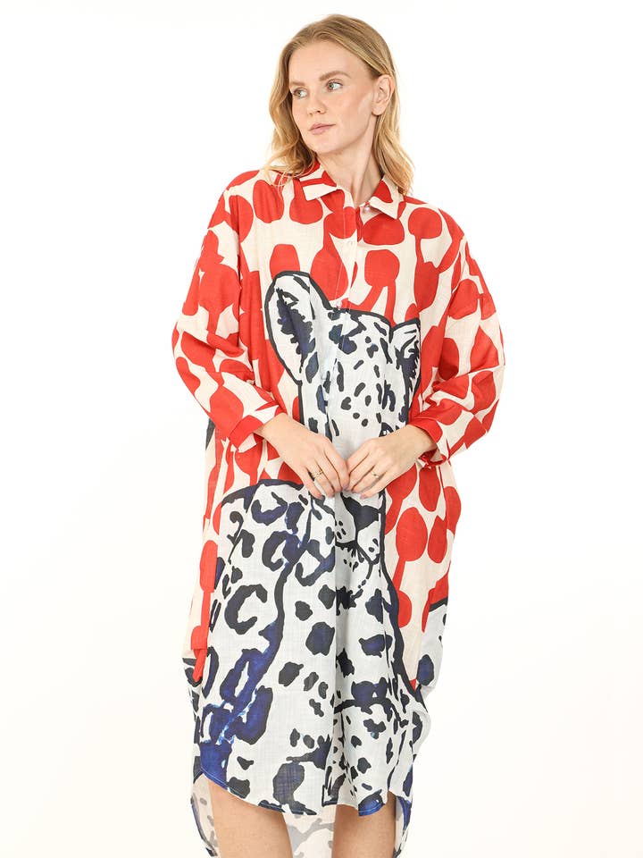 Animal & Abstract Printed Linen Maxi Shirt Dress QC3684 for wholesale by Beulah Style