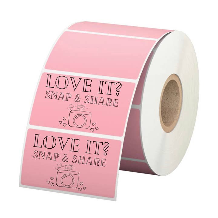 500 "Love it? snap & share" packaging label stickers for wholesale by Unknown Designs