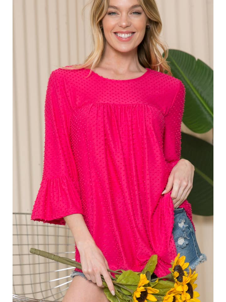 Acting Pro - Wholesale Shirt - Women's - T7797D - Solid Quarter Bell Sleeve Round Neck Top