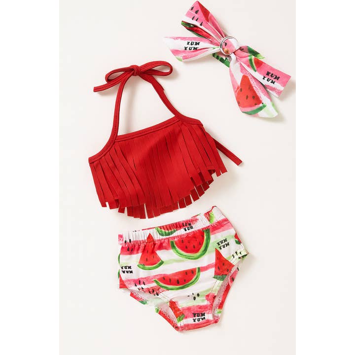 Costumi da bagno per bambini Red & White Watermelon 3 pezzi per la vendita all'ingrosso da parte di Fennco Styles