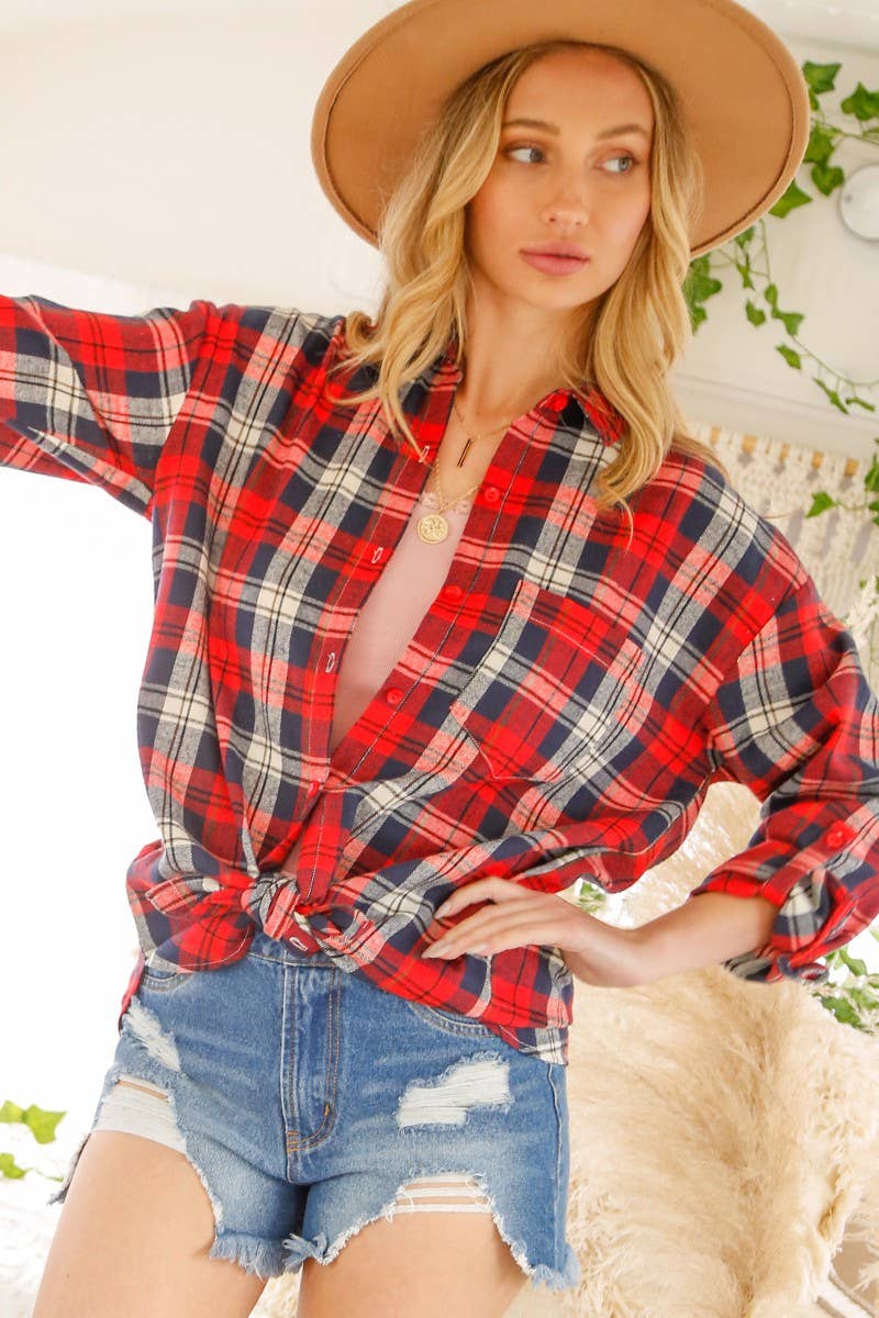 Vine & Love - Wholesale Button Down Shirt - Women's - Collared Pocket Detail Plaid Shirts Top VT50206Q3
