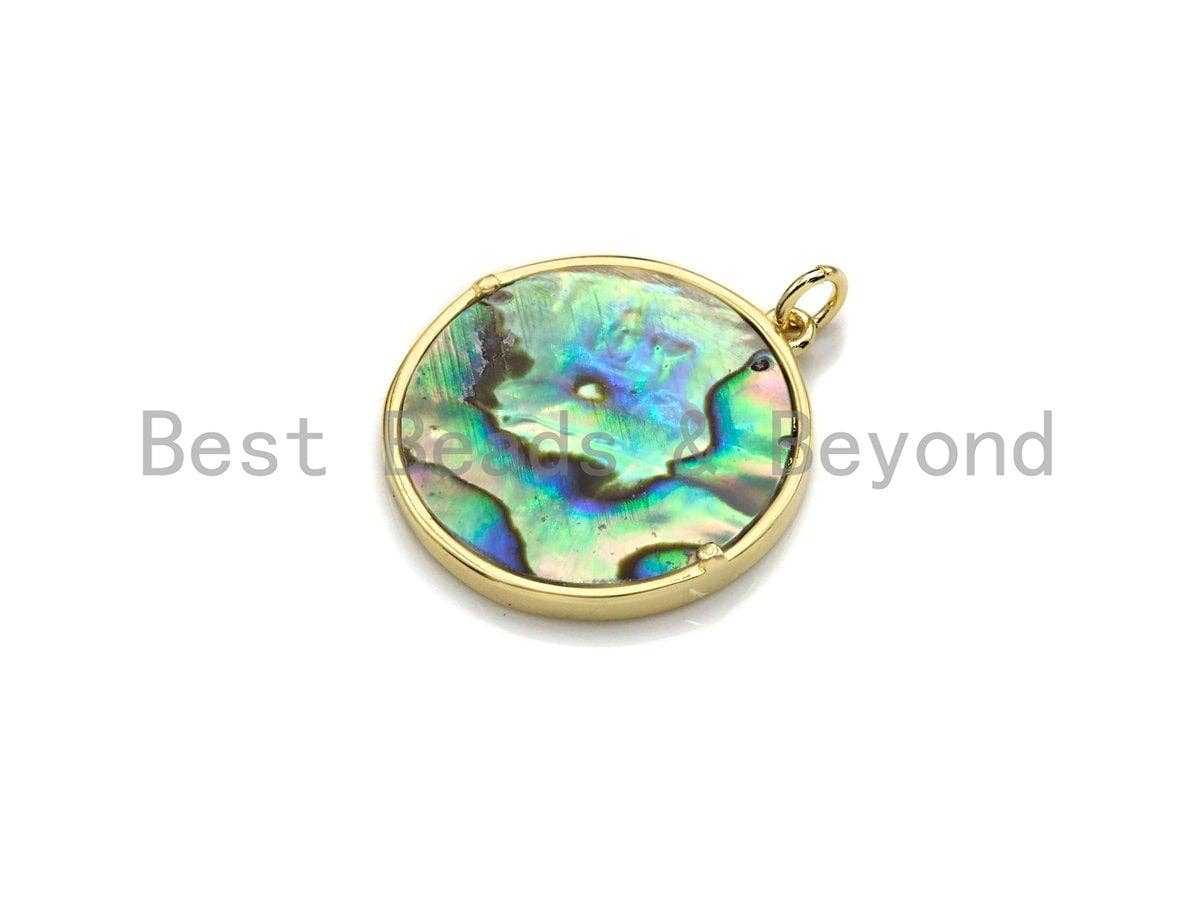 BestBeads&Beyond - Vendita all'ingrosso Ciondolo/pendente - Ciondolo rotondo con intarsio di abalone, ciondolo in zirconi cubici con albero in filo d'oro, fascino abalone, 22x24mm, Sku #Z8922