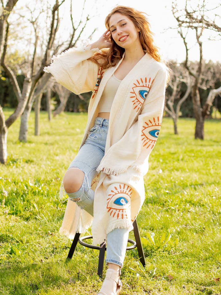 Moa – Kaftan - Mulher por atacado – Kaftan Kimono Curto Olho Grego Retrô9