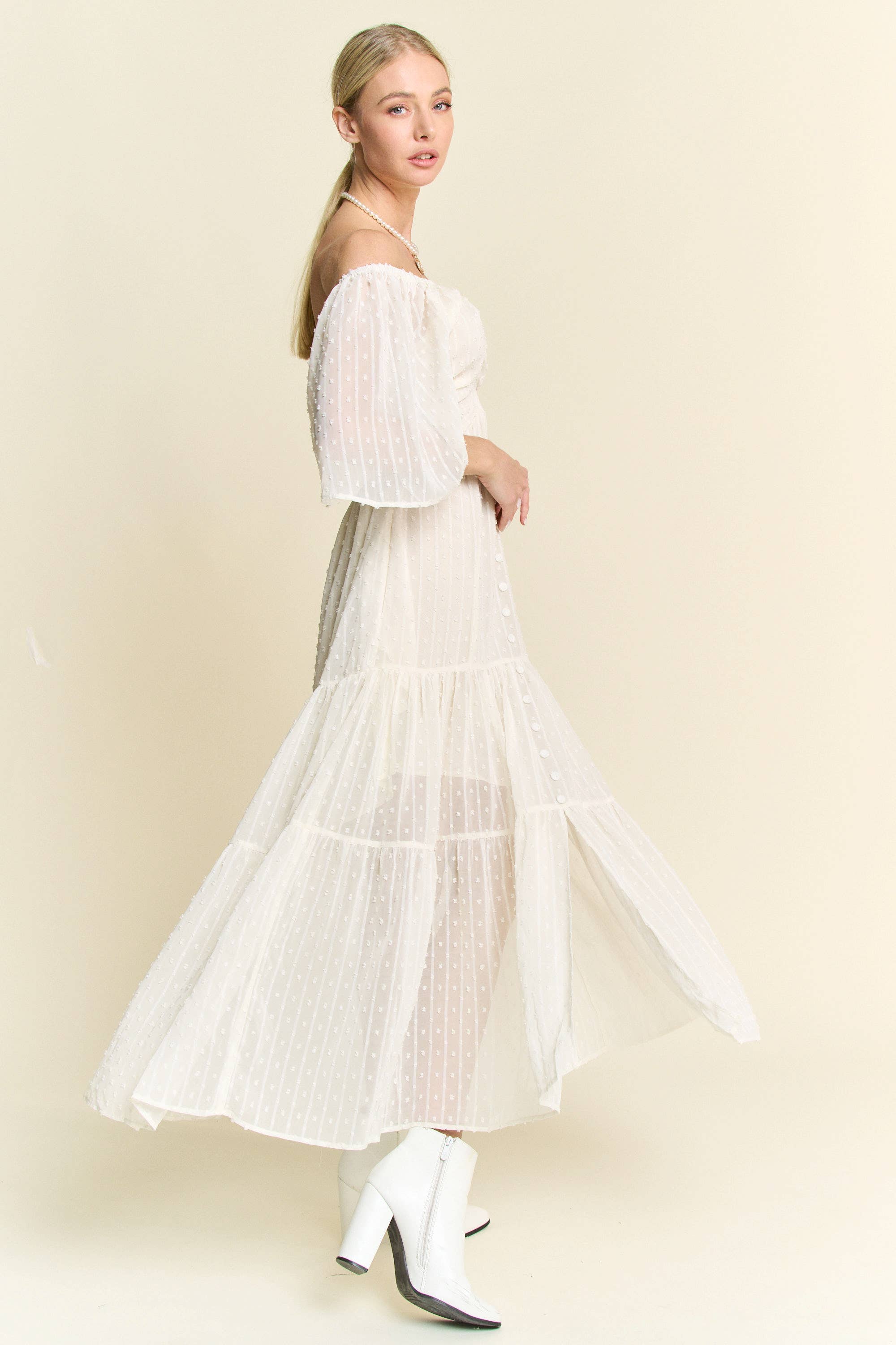 Davi & Dani – wholesale Dress – Women's – SWISS DOTTED RUCHED RUFFLE OPEN BACK MIDI DRESS1