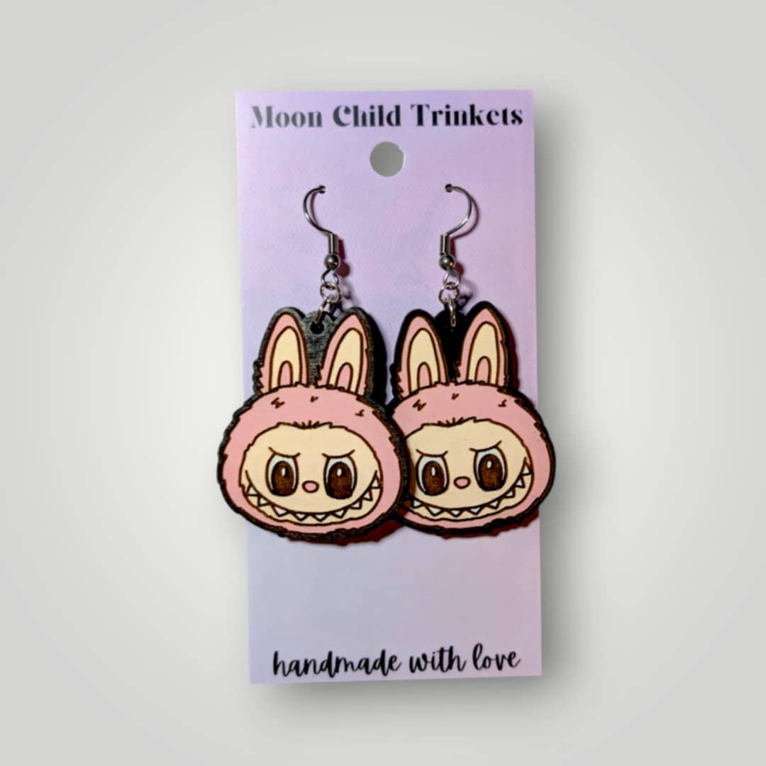 Moon Child Trinkets - Wholesale Dangle Earrings - Labubu Monster Head Hand Painted Wood Earrings2