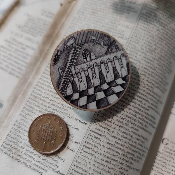 Jon Turner Illustration - Vente Épinglettes/boutons - Badge en bois Escher Ghosties3