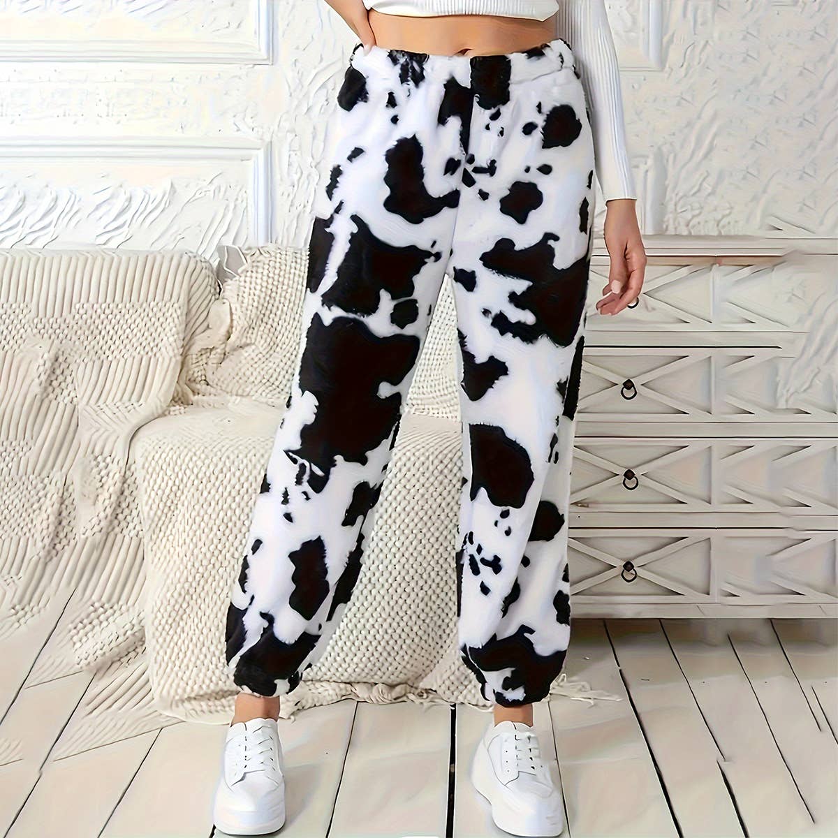 WHITE WOMEN'S LOOSE STYLISH PLUSH PANTS WITH COW PRINT for wholesale on Faire0