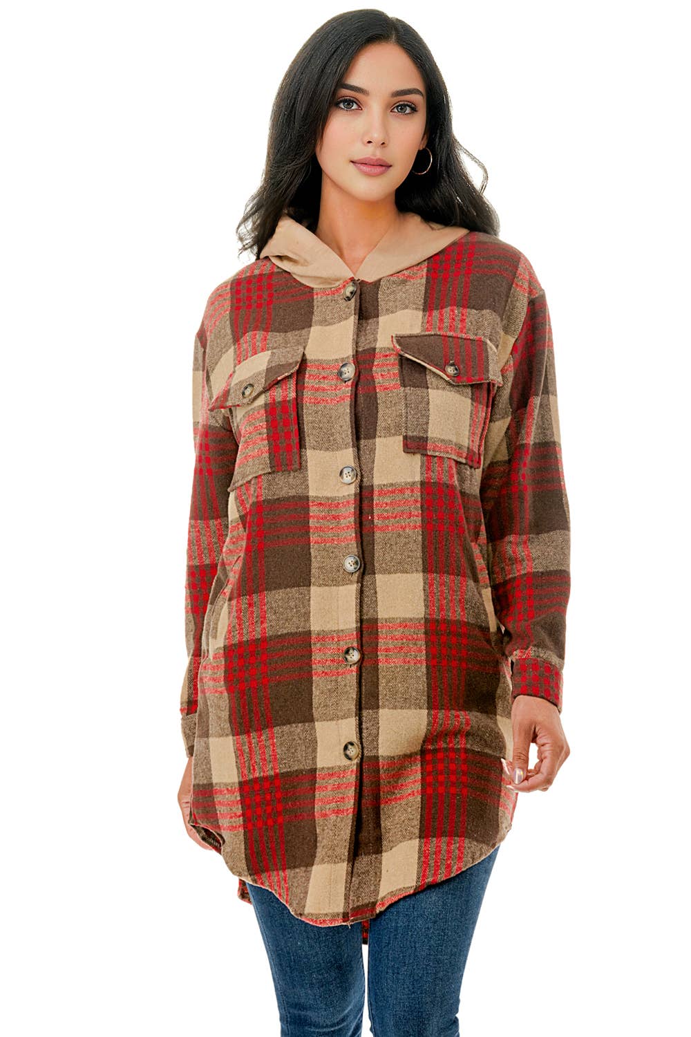 Color 5 - Wholesale Shirt Jacket/Shacket - Women's - Red beige plaid flannel long shacket with hoodie and pockets4