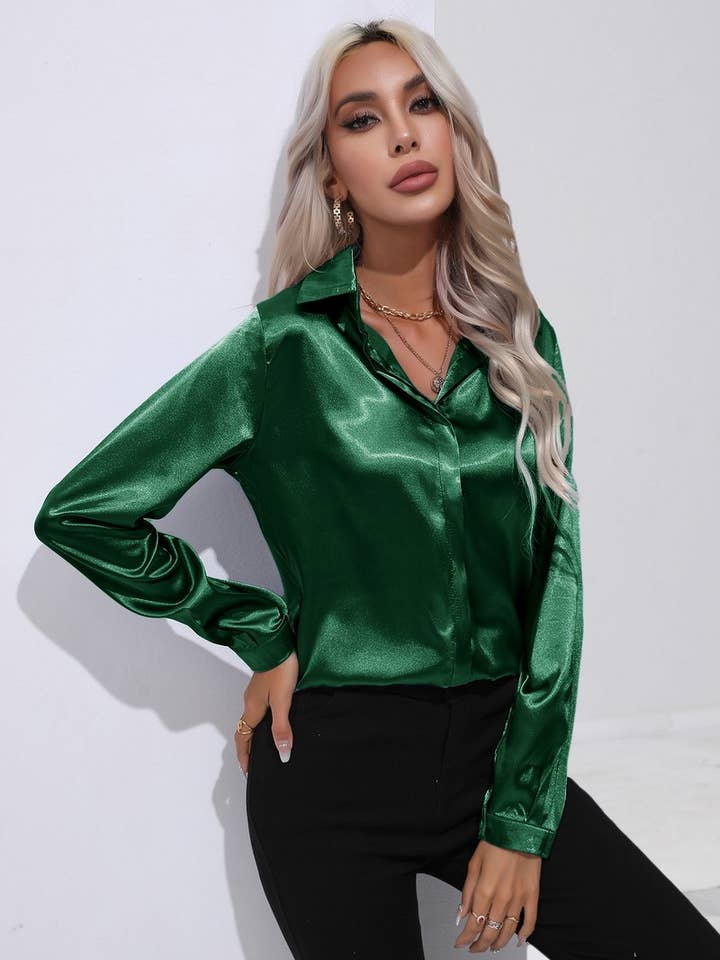 NINEXIS - Wholesale Button Down Shirt - Women's - CWTBLL0692_Button Down Silky Satin Long Sleeve Top10