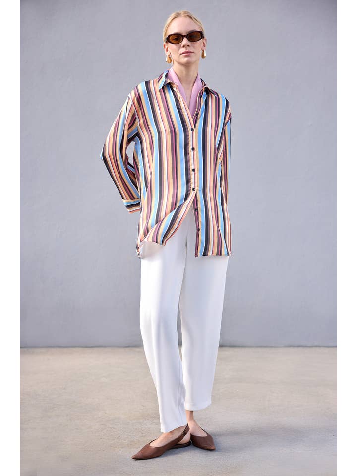 Orange MULTICOLOR STRIPED PATTERNED SATIN SHIRT WITH STATEMENT CUFFS for wholesale on Faire2