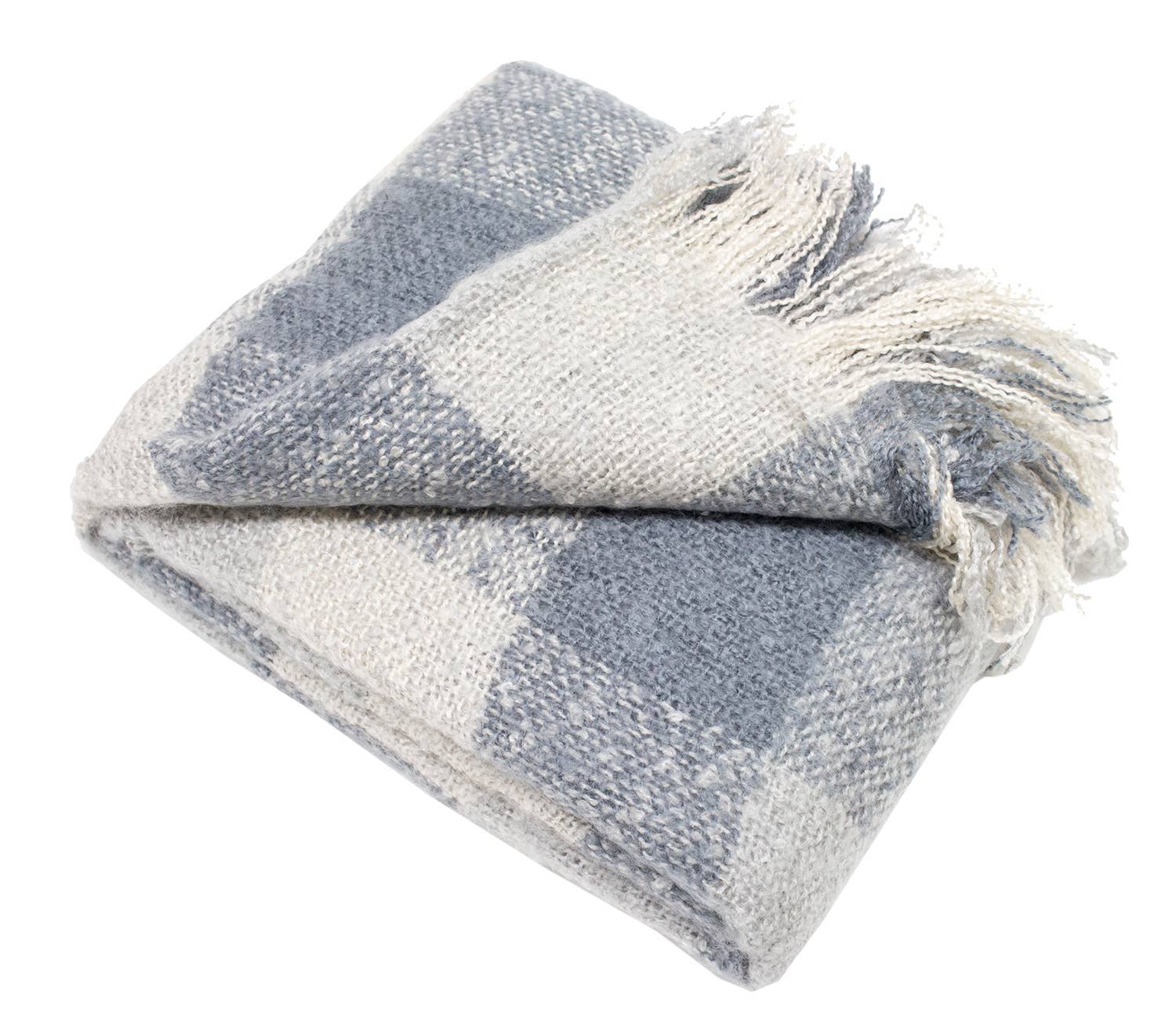 Fennco Styles – wholesale Throw blanket – Blue-Grey-White Faux Mohair Plaid Fringed Throw Blanket2