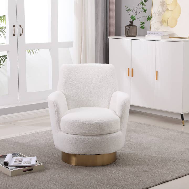Orange County Decor - Wholesale Chair - Teddy Swivel Barrel Chair, Swivel Accent Chairs Armchair For Living Room, Reading Chairs For Bedroom Comfy, Round Barrel Chairs With Gold Stainless Steel Base Ivory Ivory Primary Living Space