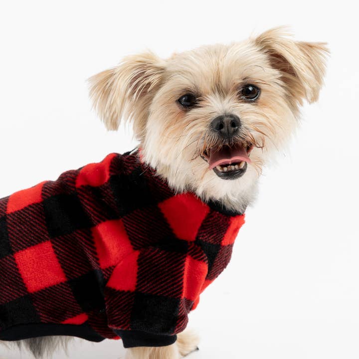 Buffalo Plaid Dog Pajamas Red Cozy Fleece Onesie with Velcro Closure for wholesale by Silver Paw