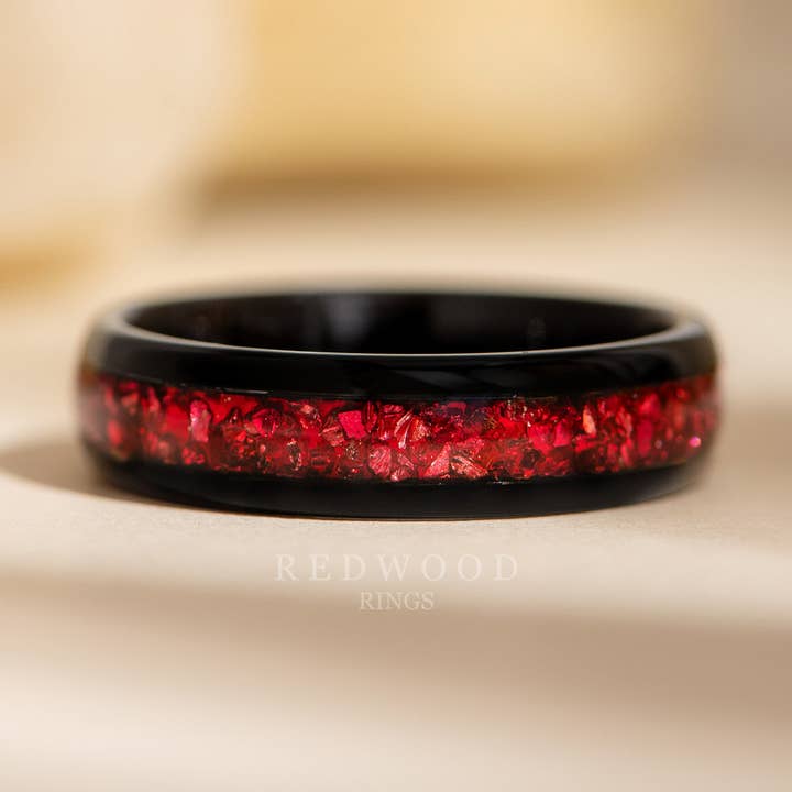 Black Tungsten Ring Red Lab-Created Garnet Inlay - 6MM for wholesale by Redwood Rings