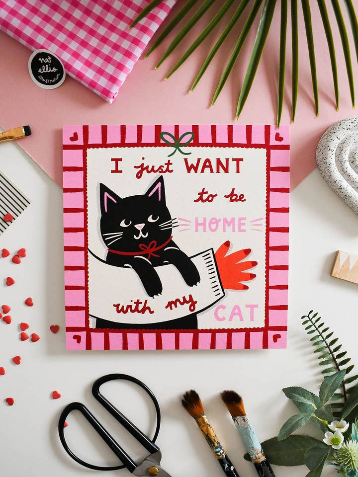 Cute Cat Art –Square Heavyweight Art Print (21cmx 21cm) for wholesale by Nat Ellis Illustration