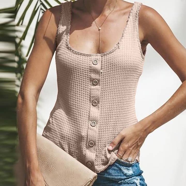 U NECK SOLID COLOR SLEEVELESS BREASTED VEST for wholesale by Lily Clothing