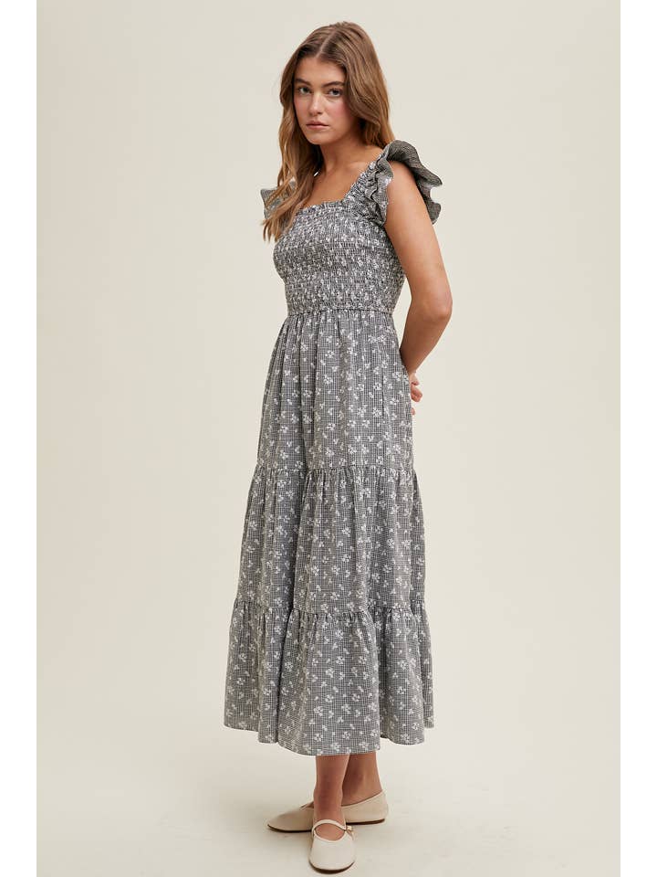 Wishlist Apparel - Wholesale Dress - Women's - CHECKERED FLORAL MIDI DRESS / WL24-9726