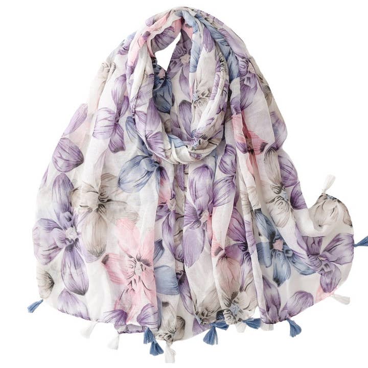 Purple Batik Floral Fringe Shawl M5A246 for wholesale on Faire2