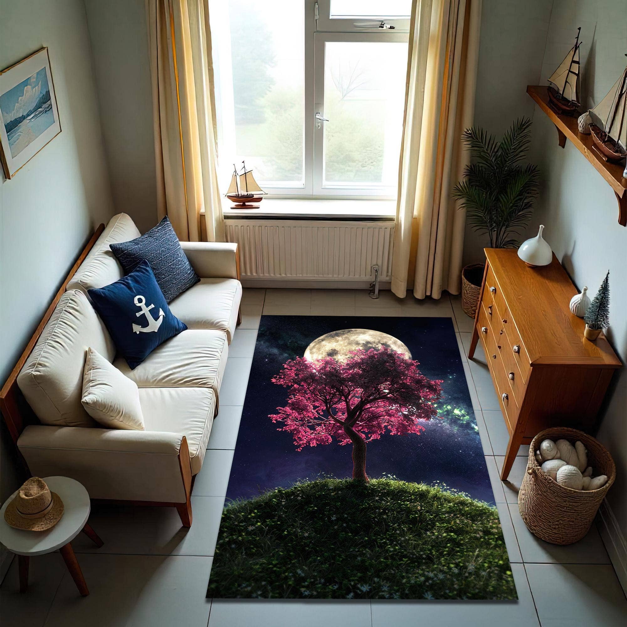 Rugendary Trade LLC – wholesale Matta – Rosa blommande trädmatta: Drömsk månljus konstmatta1