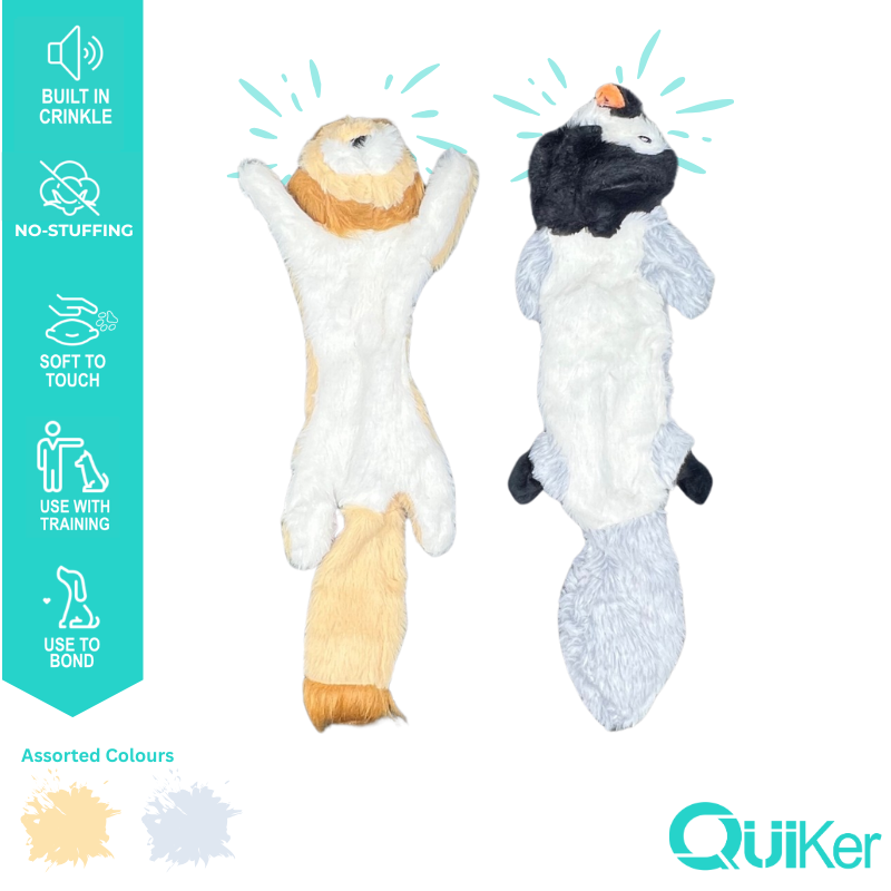Quiker Pet Products - Vente Peluche – chien - Jouet pour chien sans rembourrage - Super doux - Couineur & Froissement - 43 cm - Lot de 61