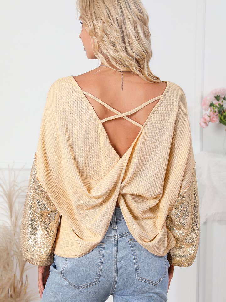 FASHION BLVD - Wholesale Knit Top - Women's - FB Sequin Waffle Patchwork Sleeve Open Back Top9