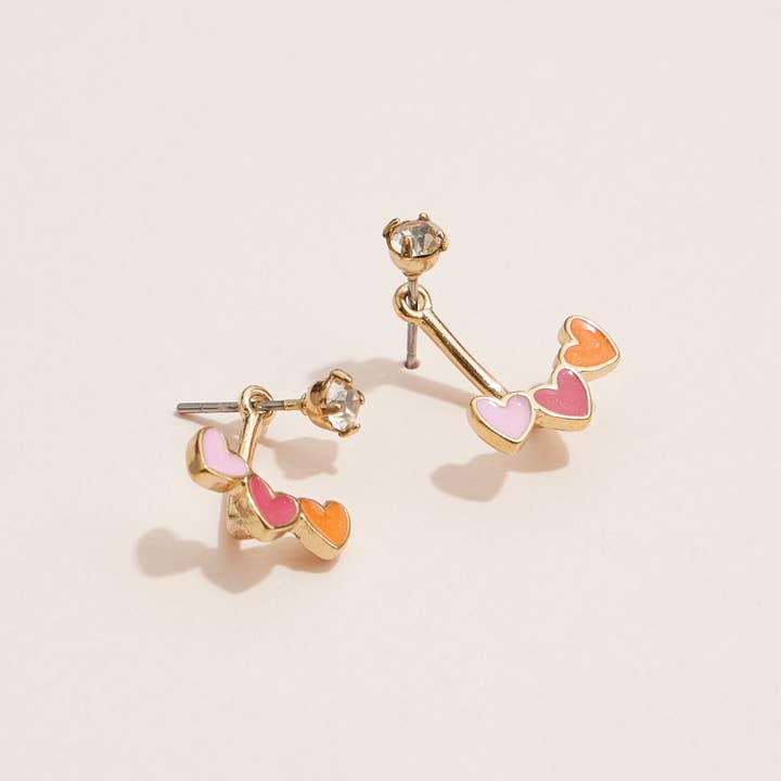 Heart Ear Jacket Enamel Earrings with Crystal Studs for wholesale by Frem