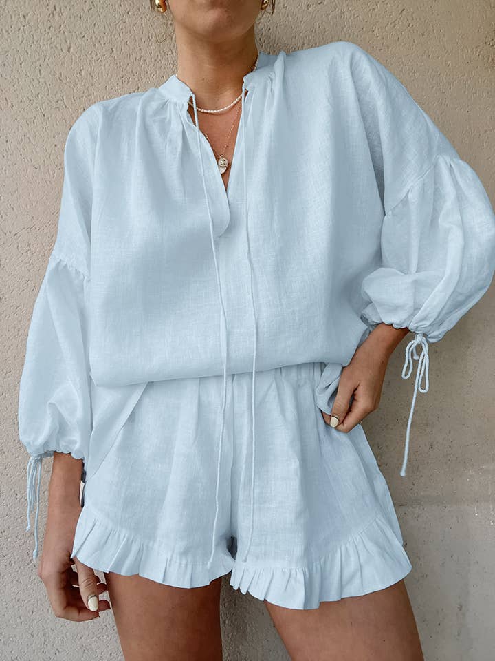 Lily Clothing - Wholesale Top & Short Set (NOT Loungewear) - Women's - Solid color V-neck top shorts cotton linen suit