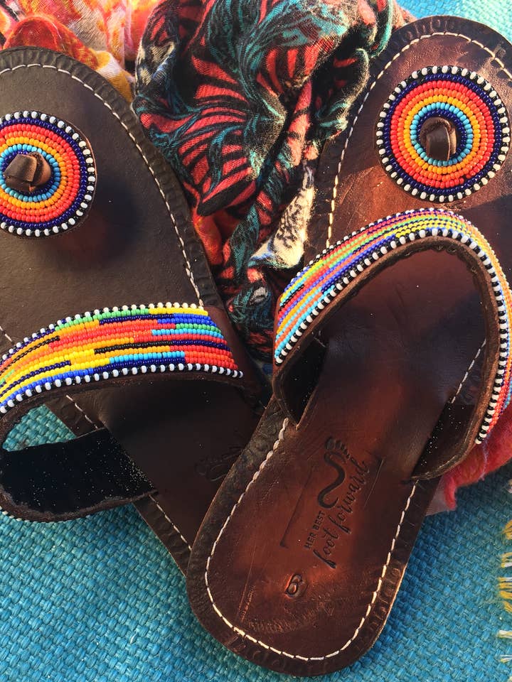 I'm With the Band Handmade Beaded Sandals - Vibrant Rainbow Ethical Footwear for wholesale by Her Best Foot Forward