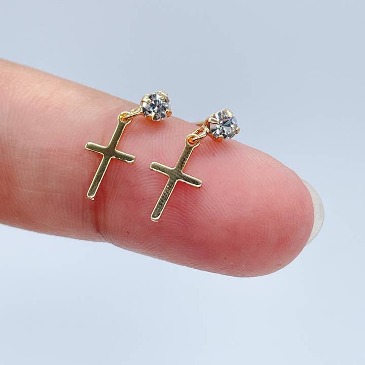 Milie Jewels - Wholesale Stud/Post Earrings - 18k Gold Filled Tiny Hanging Cross with Cubic Zirconia Stud Earrings Wholesale