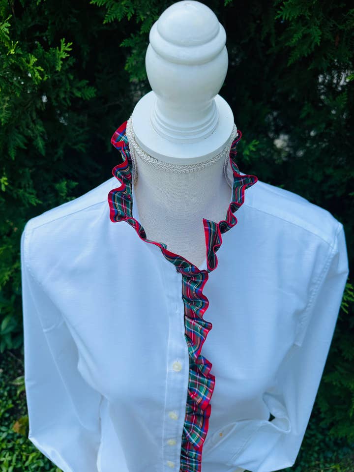 Sophia Holiday Ribbon Untucked Oxford - White w Red Plaid for wholesale on Faire5