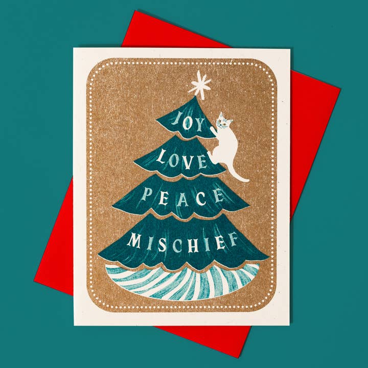 Biglietto natalizio Risograph di Joy Love Peace Mischief Cat per la vendita all'ingrosso da parte di Bromstad Printing Co.