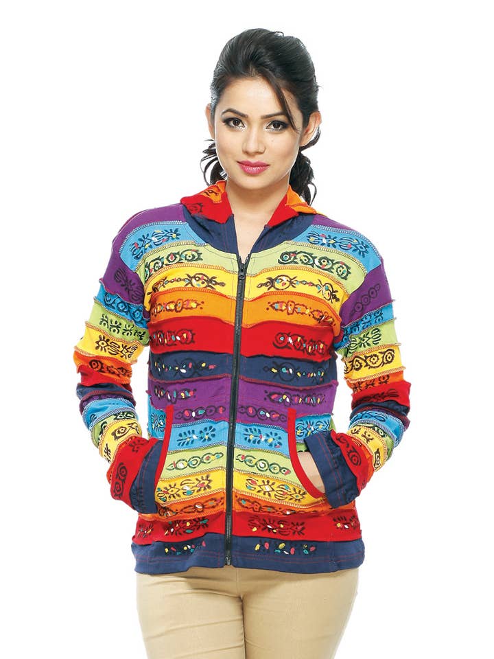 Boho zip hooded Rainbow Jacket (AFG210) for wholesale by Rising International Inc