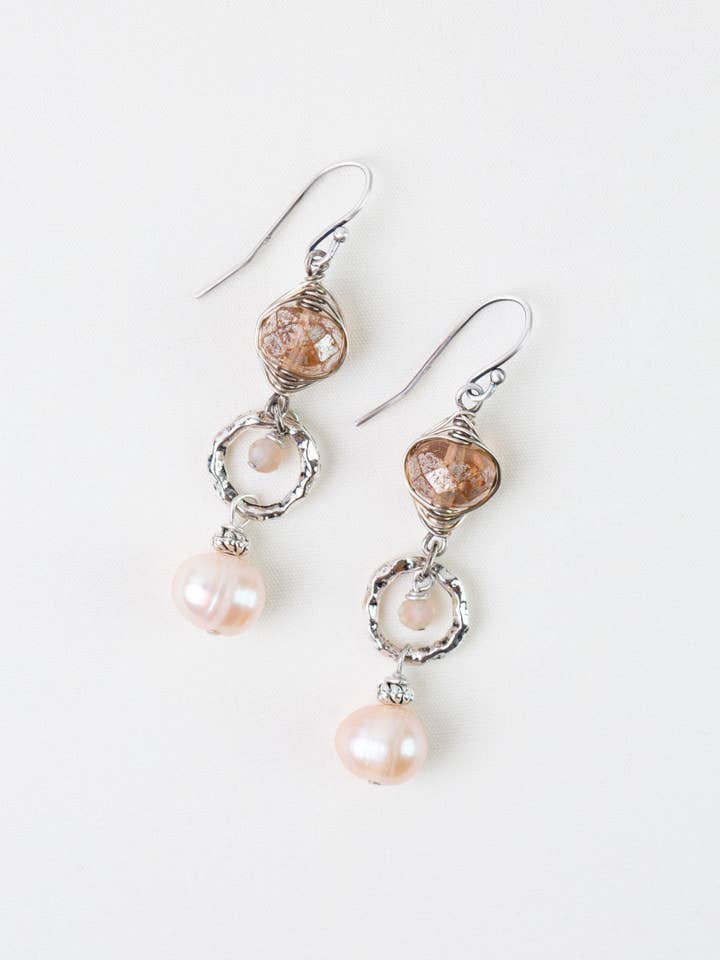 Blush Freshwater Pearl, Czech Glass, Crystal Herringbone Earrings for wholesale by Anne Vaughan Designs Jewelry