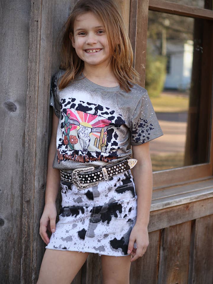 BLACK, WHITE COWHIDE DENIM SKIRT. DRG25153126-JEANN for wholesale by Kids Charm Online