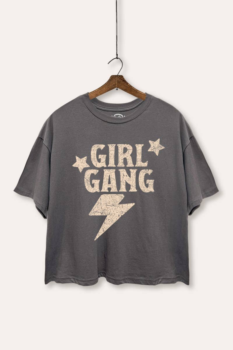 VINTAGE POINT USA - Vente T-shirt sérigraphié – femme - TOP COURT BOXY AVEC GRAPHISME ÉCLAIR "GIRL GANG"1