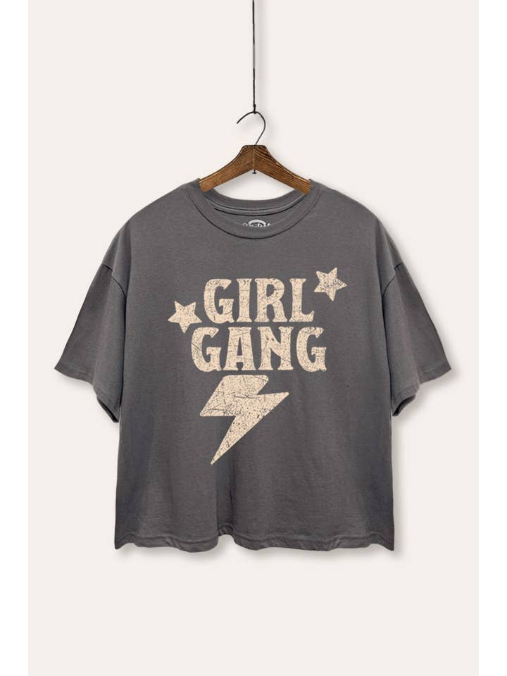 VINTAGE POINT USA - Vente T-shirt sérigraphié – femme - TOP COURT BOXY AVEC GRAPHISME ÉCLAIR "GIRL GANG"1