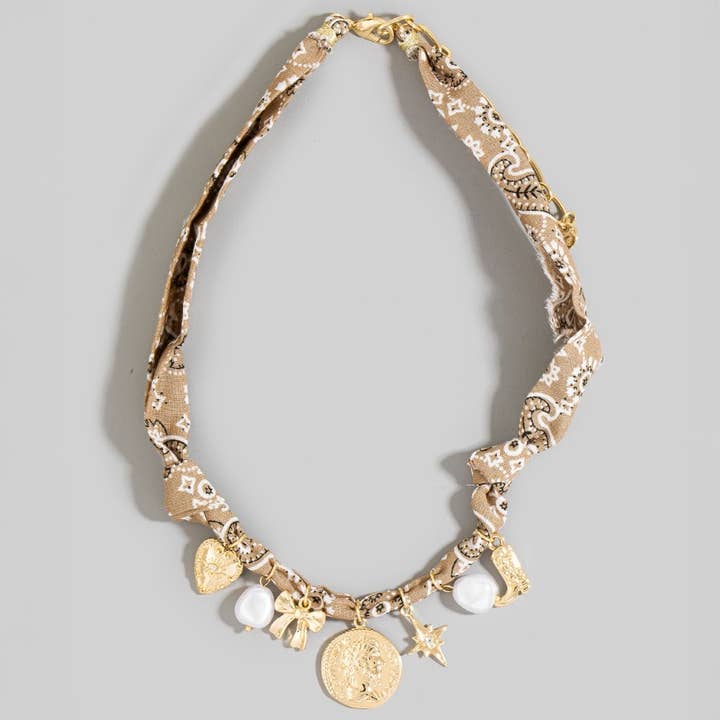 The Looks by Fame Accessories - Wholesale Pendant/Charm Necklace - Bow Pearl And Coin Charms Bandana Necklace1