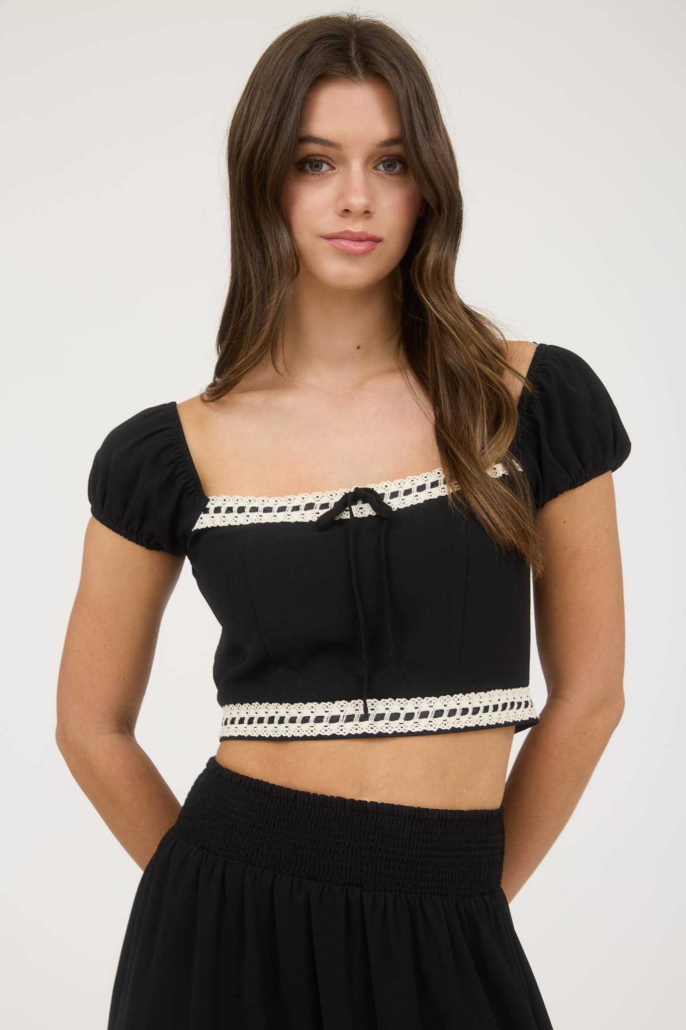 Blu Pepper - Wholesale Blouse - Women's - CONTRAST LACE TRIM BACK TIE SHORT SLEEVE CROP TOP