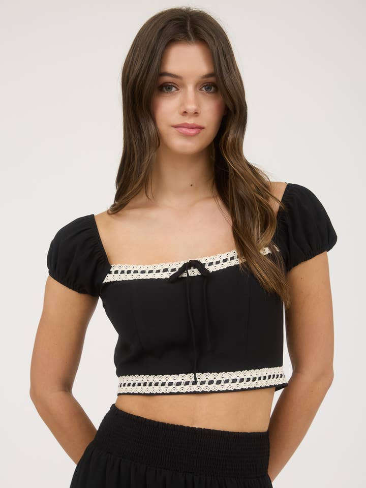 Blu Pepper - Wholesale Blouse - Women's - CONTRAST LACE TRIM BACK TIE SHORT SLEEVE CROP TOP0