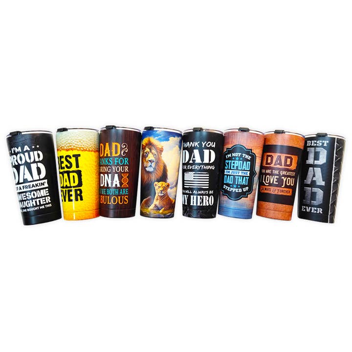 Novelty Closeout - Wholesale Insulated Mug/Tumbler - Insulated Cup 20 oz with Lid Father's Day Assortment- 8/Pack