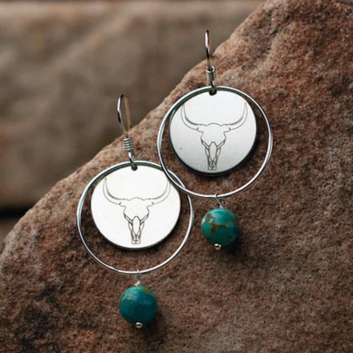 Engraved Earrings - .925 Sterling Silver + Turquoise - Steer for wholesale by Buckaroo Bling LLC dba Bling Boheme
